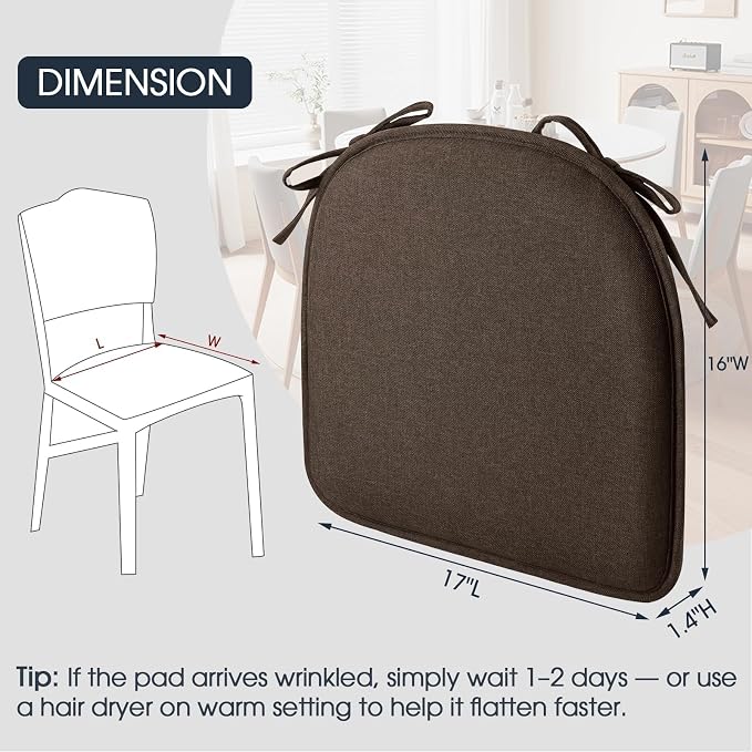 TushGuard Chair Cushions, 4 Pack Memory Foam Chair Pads, Thin Seat Cushion, Kitchen Chair Cushions Set of 4, Anti-Slip Backing & Fixed Straps, 1.4 in Thick, Brown