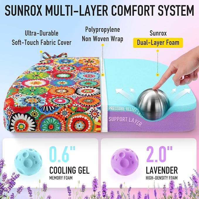 SUNROX Cooling Gel Memory Foam Chair Cushions, 2.6" Thick U-Shaped Dual-Layer Comfort Dining Chair Pads, Non Slip Seat Cushion with Ties for Indoor Kitchen Office 17"x16" Set of 4, Circle Flower