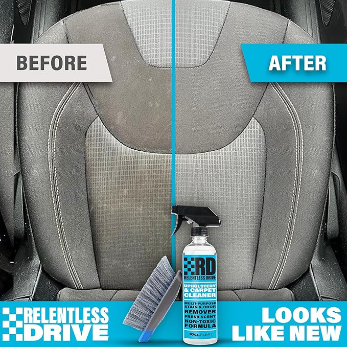 Relentless Drive Car Carpet Cleaner & Car Upholstery Cleaner | Car seat cleaner for fabric interiors, floor mats, auto upholstery with Heavy duty brush, 16oz. Works as couch & sofa cleaner