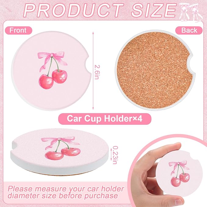 Boao 4 Pcs Car Cupholder Coasters for Valentine's Day, Ceramic Coasters 2.56'' Anti Slip Base with Finger Notch for Dry Clean, Car Interior Accessories, Birthday Gifts(Pink Bow)