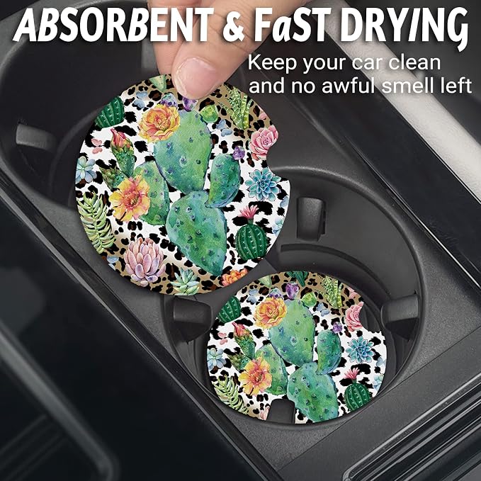 Yonlevres Car Coasters for Cup Holders，2.75" Anti Slip Rubber Mat with A Finger Notch, 2 Pack Car Cup Holder Coasters for Car Interior Accessories for Women Men Cactus