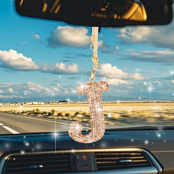 Bling Car Accessories for Women Letter Charm, Rainbow Crystal Rearview Mirror Pendant, Cute Diamond Rhinestone Car Decor, Lucky Gift for Women(J, Champagne Gold)
