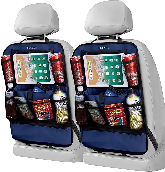 LUCMO Car Backseat Organizer with Touch Screen Tablet Holder,Dark Blue | 2 Pcs,9 Storage Pockets,Clear Tablet Holder,Protectors Kick Mats,Travel Accessories,Seat Cover,Road Trip Essentials