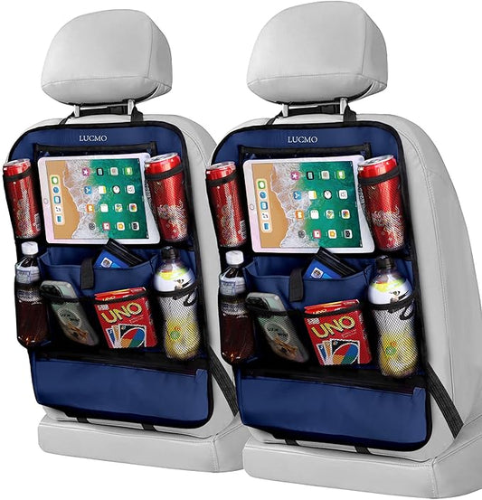 LUCMO Car Backseat Organizer with Touch Screen Tablet Holder,Dark Blue | 2 Pcs,9 Storage Pockets,Clear Tablet Holder,Protectors Kick Mats,Travel Accessories,Seat Cover,Road Trip Essentials