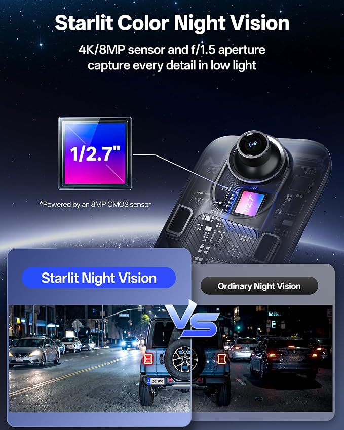 Pelsee S12 Native 4K + 2.5K Mirror Dash Cam, Rear View Mirror Camera w/ 8MP Starlit Color Night Vision, WiFi 6 30MB/s Download, GPS, 64GB Card Included, Backup Camera for SUVs Trucks Vans RVS