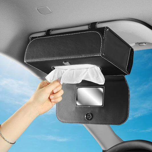 Car PU Leather Clip On Visor Tissue Holder with Mirror Storage Black | Tissues Box Cover for Sun Visors Large Rectangle Napkin Holder Fit for Various Tissue Sizes Box Organizer for SUV Sedan Truck