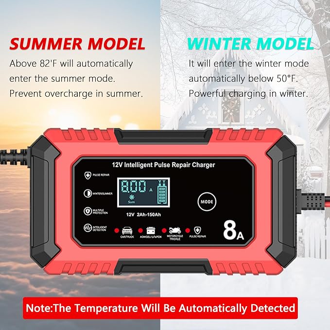 12V Battery Charger 8-Amp Smart Trickle Charger, Red | Battery Maintainer and Desulfator, Temperature Compensation, for Car, Truck, SUV, Motorcycle, Boat, Lead Acid, LiFePO4 ﻿