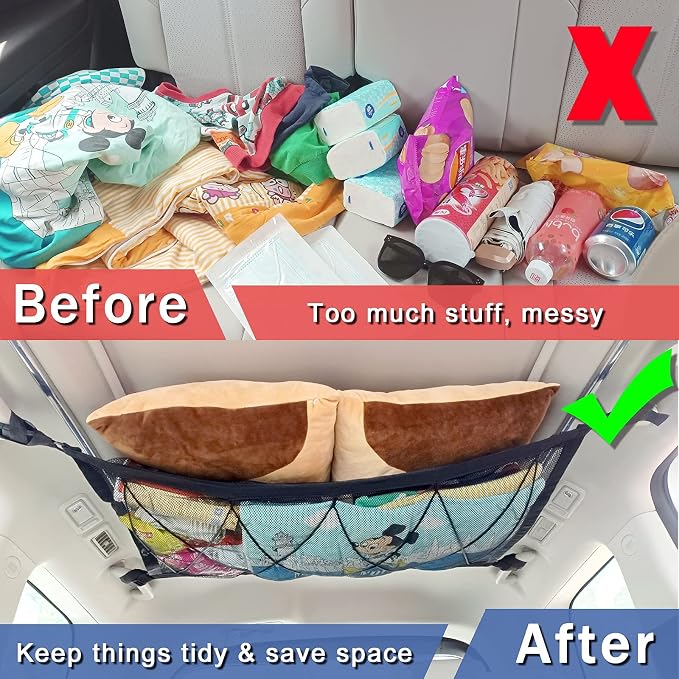 Car Ceiling Storage Net | Double Zipper, Adjustable Strap Prevent Falling, Double-Layer Mesh Long Road Trip Camping Van SUV Roof Cargo Pocket Organizer for Putting Quilt Toys Towel Sundries