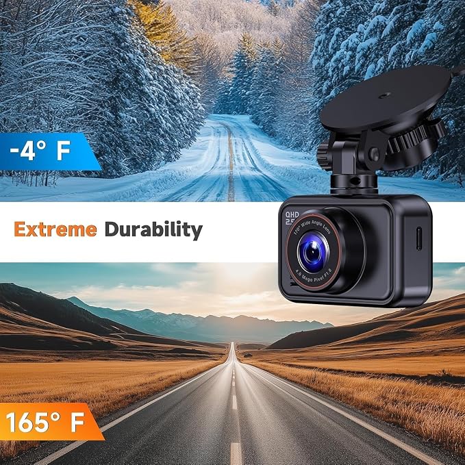 Dash Cam Front and Rear for Cars, 2.5K+1080P Dual Camera with 2" Screen | WDR Night Vision, 170° Lens, G-Sensor, Loop Recording, 360° Mount, Mini Design, 256GB Max, 24H Parking, SD Card Not Included