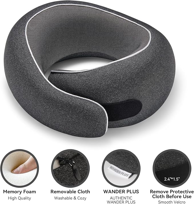 WANDER+ Plus® Travel Pillow, 100% Pure Memory Foam Travel Neck Pillow Airplane Neck Support Ergonomic Design Best for Sleeping Plane Car Train Office Flight for Adults Ash Grey