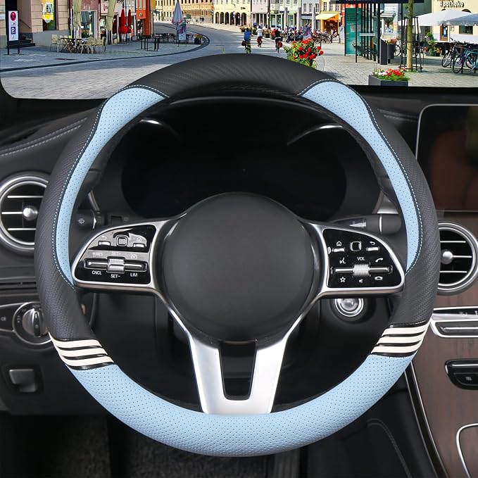 15 inch Cute Leather Steering Wheel Cover Black and Blue | Breathable Non-Slip Faux Leather and Carbon Fiber Car Accessories for Women Men Universal 14.5 inch to 15 inch