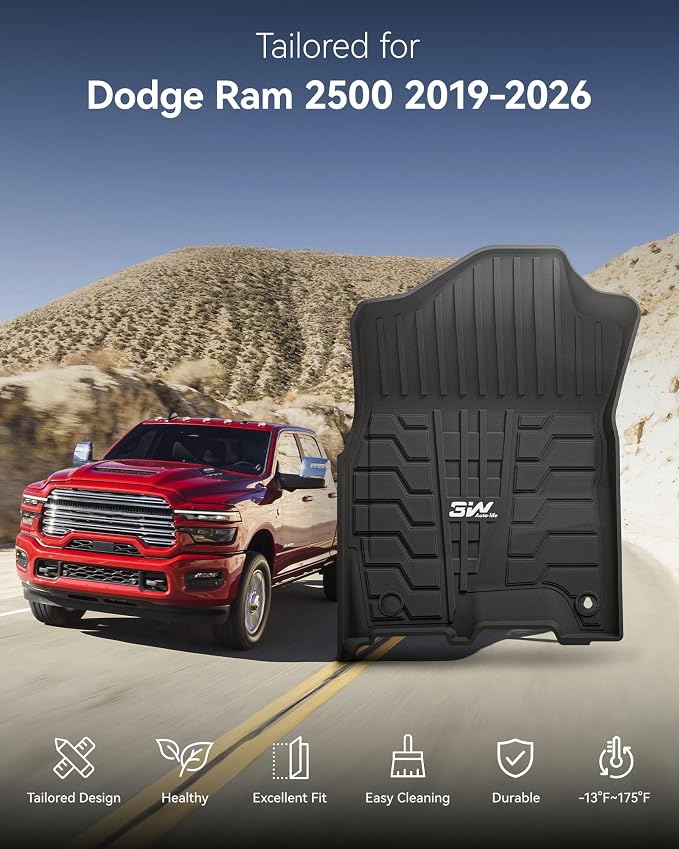 3W Floor Mats for 2019-2025 2026 Dodge Ram 2500/3500 Crew Cab, All Weather TPE Custom Fit Dodge Ram 2500/3500 Floor Liners 1st Row (for Carpet Floor), Front Row,2-pc Black