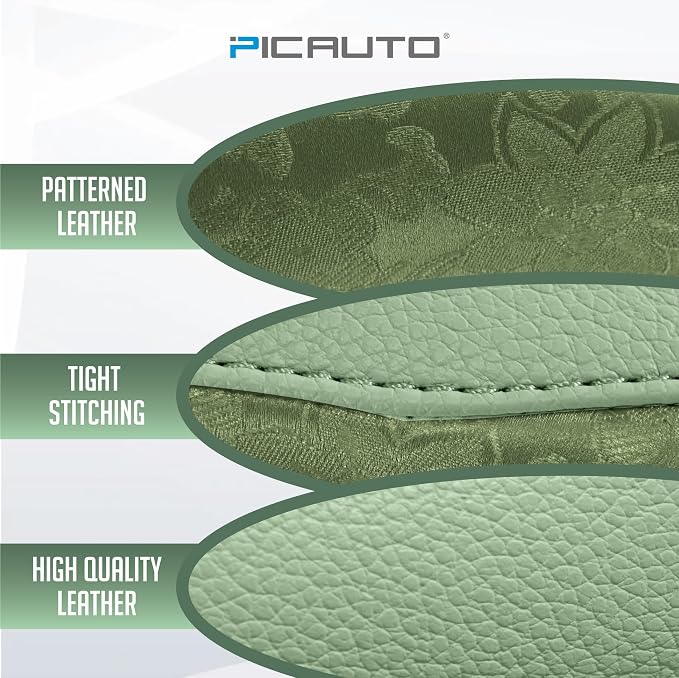 PIC AUTO Steering Wheel Cover, Green Patterned Leather Patchwork Design, Universal Fit 14.5"–15.5" D-Shape Steering Cover, Soft PU Grain Leather, Durable Grip Car Accessory for Girls & Women