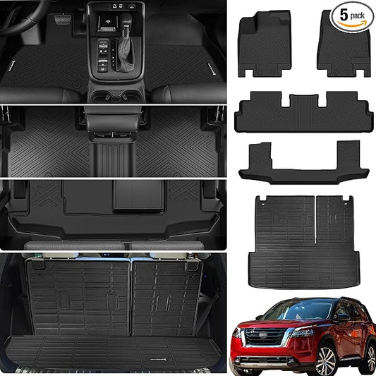 Floor Mats & Trunk Mat & Backrest Mat for 2022-2025 Pathfinder 7 Seats | All Weather TPE Rubber Cargo Liner Back Seat Cover 3rd Row for 2022-2025 Pathfinder 7 Seats Car Floor Liners Accessories
