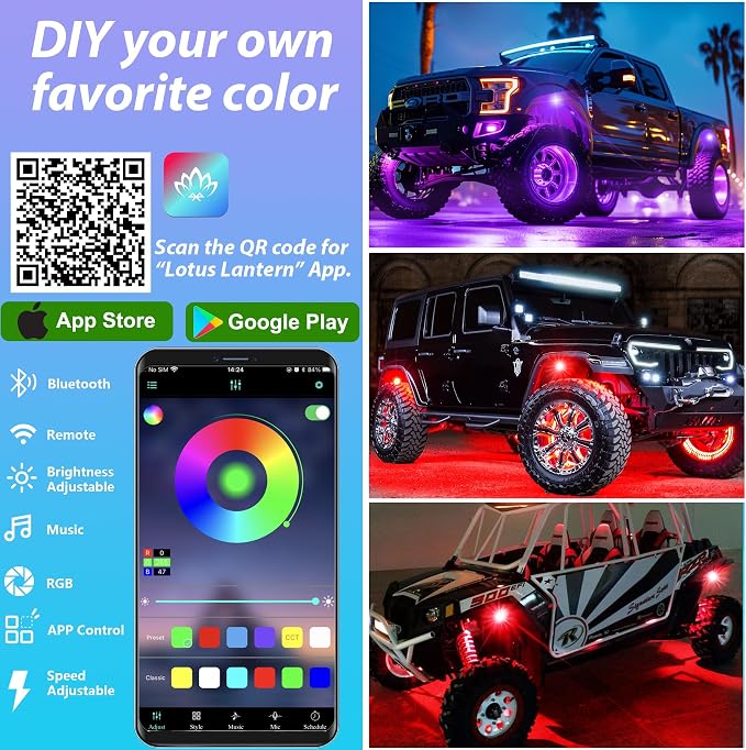 6 Pods RGB LED Rock Lights, Underglow Multicolor Neon Light Kit Wheel Well Light with APP Control & Music Mode, Under Glow Lights for Trucks,Jeep,SUV,Golf Cart,ATV,Pickup Off Road,12 V