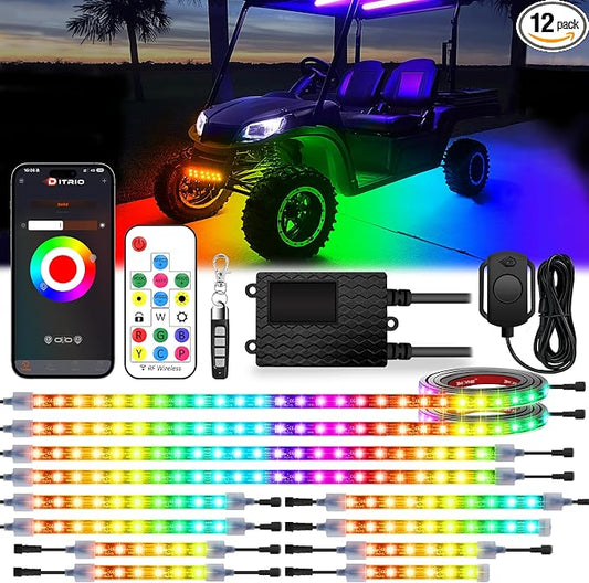 12PCS 12V-72V Golf Cart Lights, RGB Led Underglow Light Kit with 2 Remotes and App Control, Voltage Reducer, Waterproof, Sound Active, Battery Drain Protect Kill Switch Golf Cart Led Lights