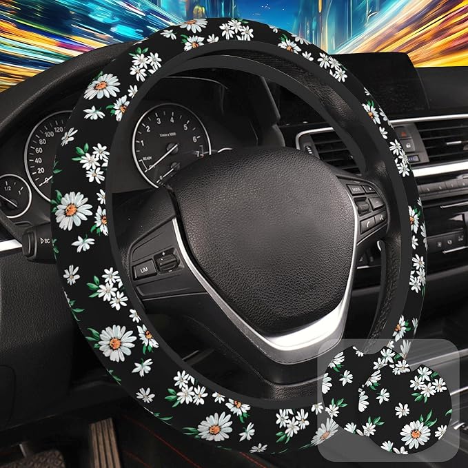 Cute Daisy Steering Wheel Cover for Women, Anti-Slip Car Steering Wheel Cover with 2 Pcs Cup Holders Neoprene Breathable Car Accessories Universal 15 Inch Auto Interior Decor