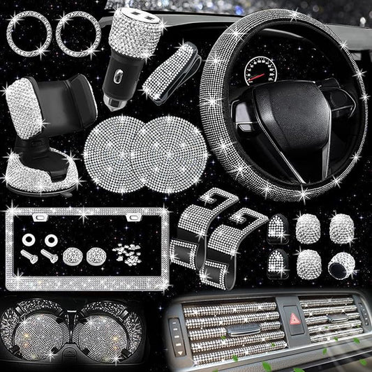 NBTEPEM 27 PCs Bling Car Accessories Set for Women, Steering Wheel Covers Universal Fit 15 Inch, Bling License Plate Frame, Bling Phone Holder, Bling Car Coasters (Silver Diamond)