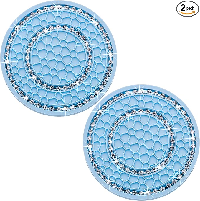2PCS Bling Crystal Rhinestone Cup Holder Coaster, 2.75 inch Soft Silicone Anti-Slip Shockproof, Car Cup Holder Insert Coasters, Universal Car Interior Accessories for Women (Light Blue & White)