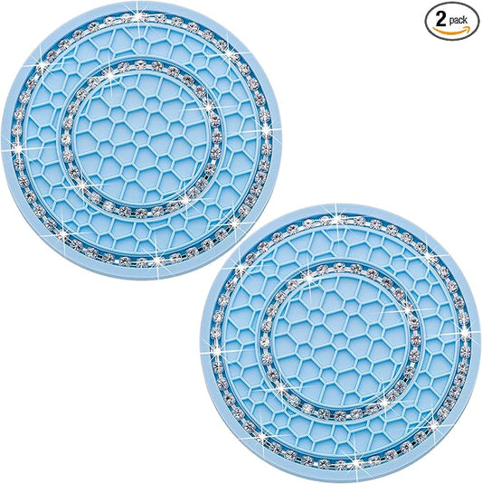 2PCS Bling Crystal Rhinestone Cup Holder Coaster, 2.75 inch Soft Silicone Anti-Slip Shockproof, Car Cup Holder Insert Coasters, Universal Car Interior Accessories for Women (Light Blue & White)