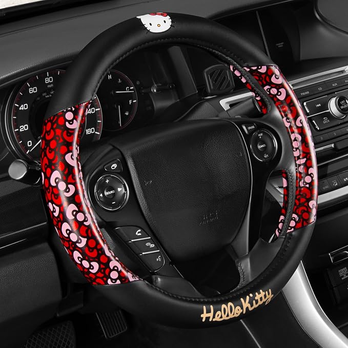Hello Kitty Steering Wheel Cover, Official Sanrio Car Steering Wheel Cover with Universal Size 14.5-15.5, Cute Black for Women, Hello Kitty Car Accessories (Hello Kitty Bows)
