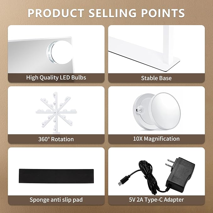 Vanity Makeup Mirror with Lights,3 Color Lighting Modes Detachable 10X Magnification Mirror Touch Control,360°Rotation, White (14.6Inch)