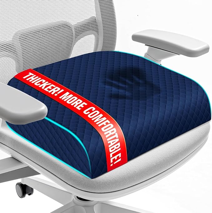 Seat Cushion for Office Chair, Memory Foam Chair Cushions, Car Seat Cushion for Long Sitting, Desk Chair Cushion for Pressure Relief, Non-Slip Bottom, Washable Cover, Large, Blue