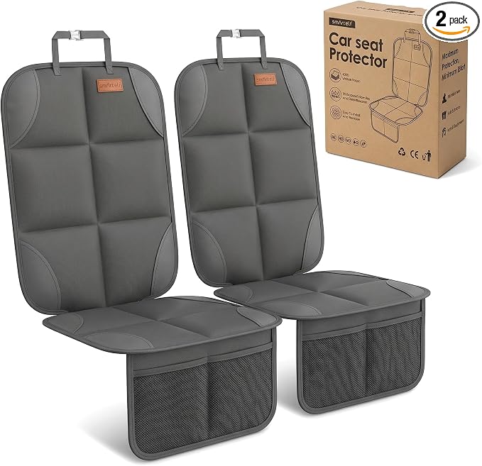 SMART ELF 2-Pack in Gift Box Car Seat Protector, Heavy-Duty Cushion for Child Seats with Extra Padding & Anti-Slip Backing, Storage Mesh Pockets for Car, SUV, Truck (Dark Gray)
