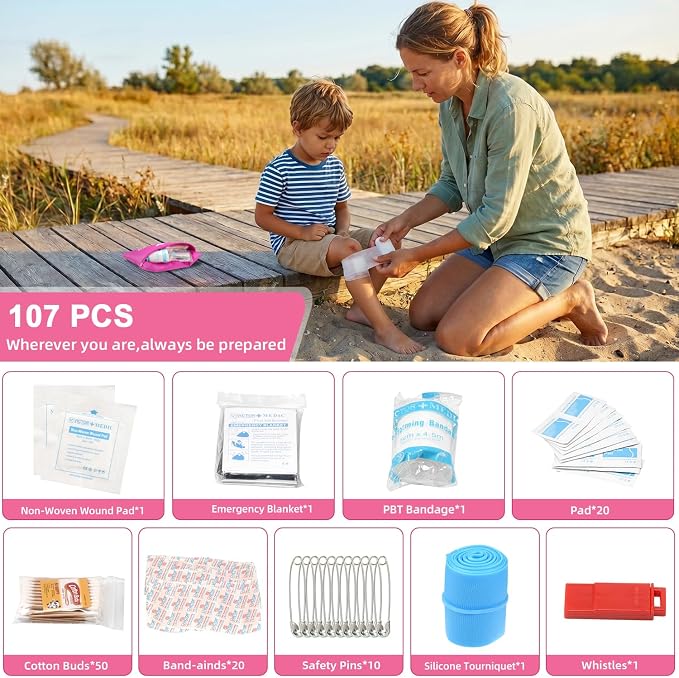Roadside Emergency Car Kit for Vehicles, Pink Car First Aid Kit Emergency Kit with Jumper Cables, Car Safety Kits, Tow Strap, Tool Kit, Road Trip Assistance for Men, Women, New Driver Gifts