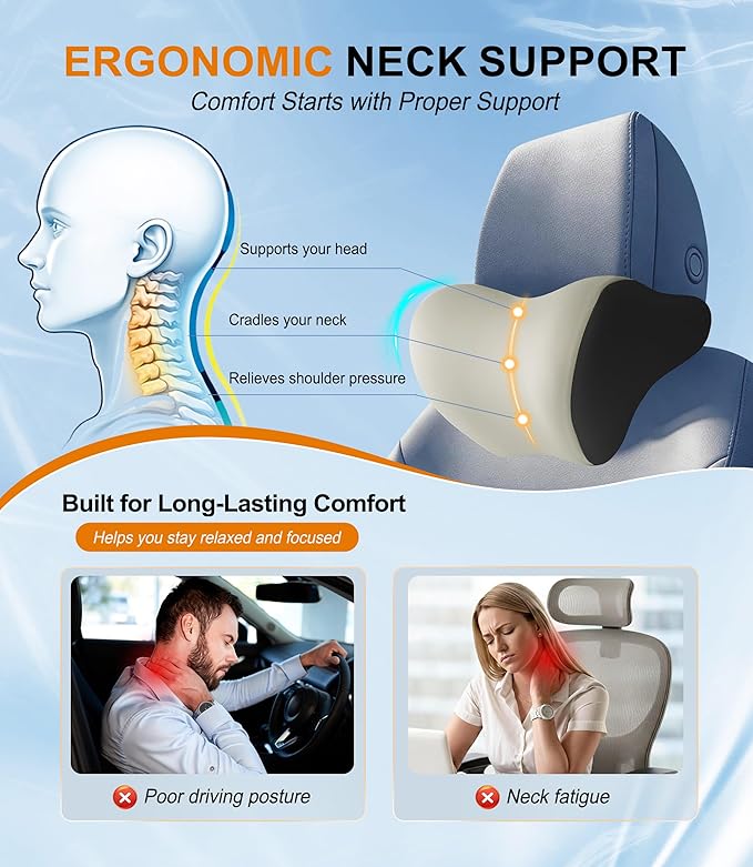 Allaboutsla 2-Pack Car Neck Pillow, Car Headrest Pillow for Neck Support | Memory Foam Car Neck Pillow for Driving with Neck Support, Adjustable Strap, Head Rest Pillow for Long Drives, Trucks, Beige