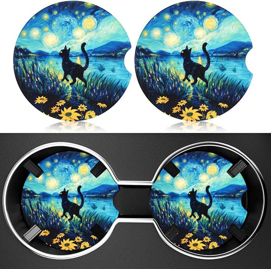 2 Pack Car Cup Holder Coaster, 2.63 inch Anti Slip Insert Absorbent Ceramic Car Coaster with Cork Base and Finger Notch, Cute Car Accessories Interior for Women, Cute Car Coasters.