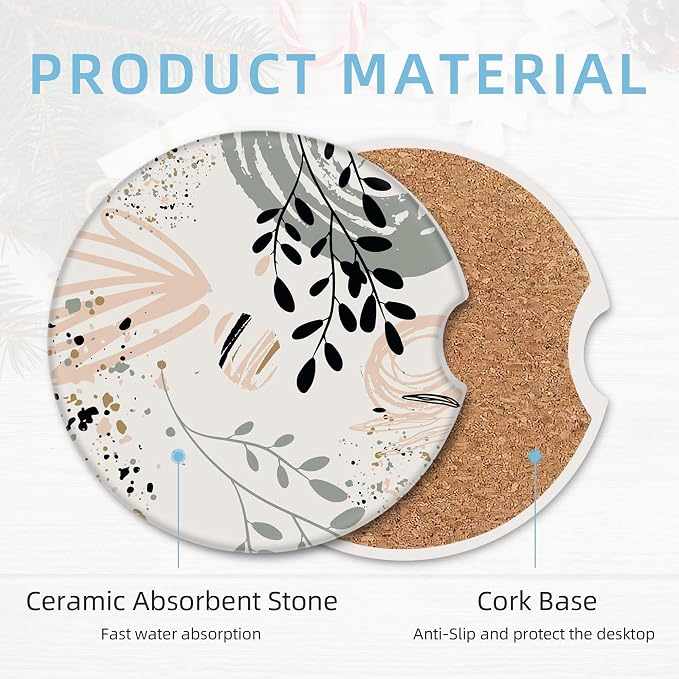 2 Pack Car Coasters for Cup Holders, 2.56" Universal Absorbent Ceramic Stone Car Cup Holder Coasters with Non-Slip Cork Base, Car Interior Accessories for Women Men(Boho Leaf)