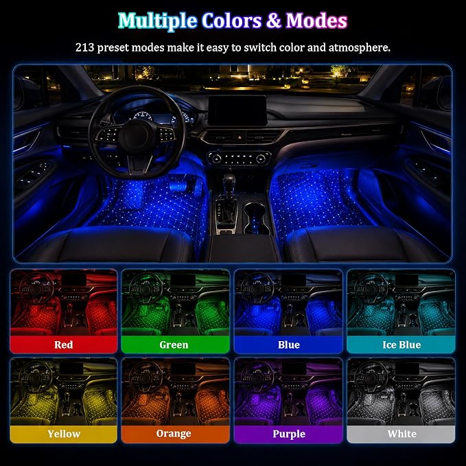 Car Interior LED Lights,4 in 1 RGB APP Control Automotive Under Dash Neon Ambient Lighting with USB Port,Music Sync Auto Footwell Lamp,Car Interior Atmosphere Light