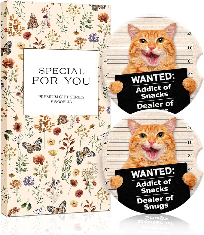 Swooflia 2 Pack Absorbent Ceramic Car Coasters for Women - 2.55 Inch Cat Funny Quote Car Cup Holder Coasters with Cork Base, Funny Car Accessories, New Driver Gifts