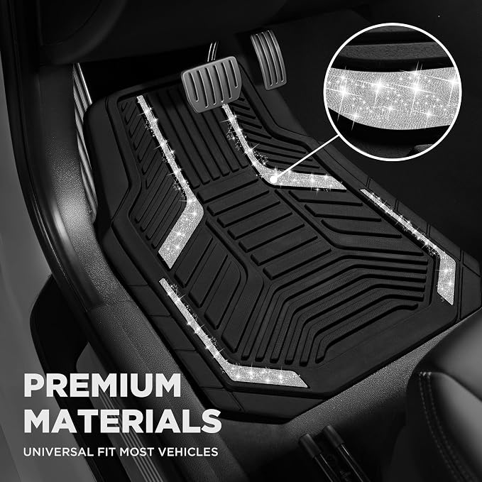 PIC AUTO Car Floor Mats, Silver Sparkly Crystal Bling Glitter Car Mats Set, Front and Rear Heavy Duty Rubber Car Mats with Anti-Slip Backing, All Weather, Trim-to-Fit for SUVs, Trucks, Sedan, Vans