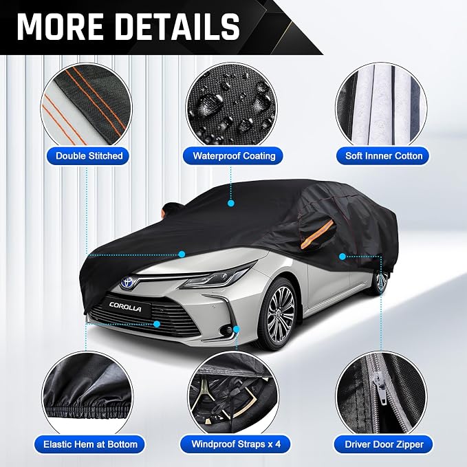 Car Cover Custom Fit for Toyota Corolla 2013-2025, Honda Civic 2016-2025, 6 Layer Heavy Duty Car Cover Waterproof All Weather with Cotton Liner & Door Zipper