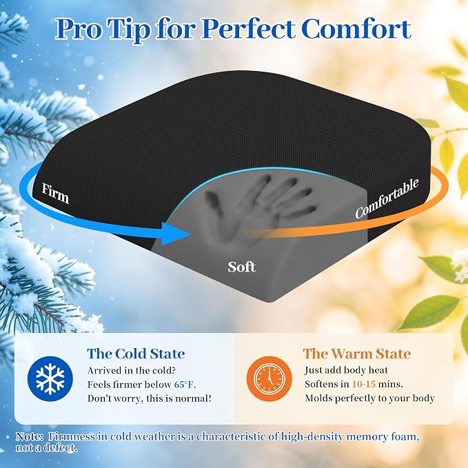 TranquilRelax 2XL Seat Cushion, Memory Foam Cushion for Long Sitting Hours on Office Chair, Car Seat, Non-Slip Chair Pad for Sciatica, Coccyx, Tailbone Pain Relief & Post-Surgery Recovery (Black)