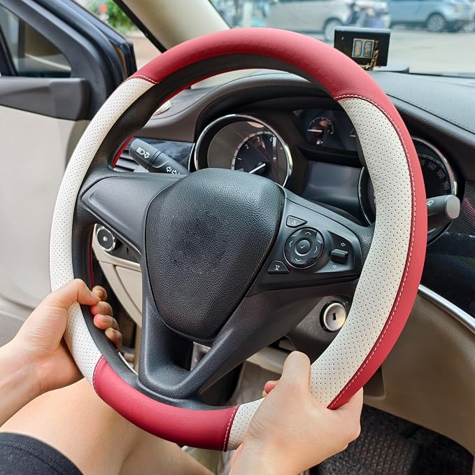Breathable Perforated Leather Steering Wheel Cover, Universal 15-inch car Steering Wheel Grip, Soft and Comfortable, Breathable and Non-Slip, Suitable for sedans, Vans, SUVs (Wine red)