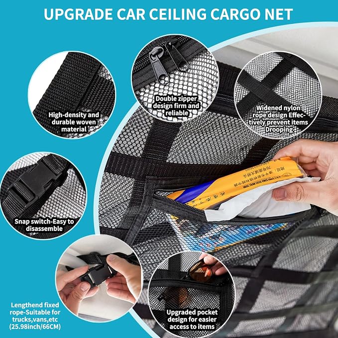 KOZR Car Ceiling Cargo Net - 31.5"*21.6" Car Ceiling Storage,Effortless Cargo Organization, Heavy-Duty Load Capacity, Secure & Reliable Design