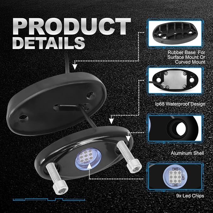 12 Pods Blue LED Rock Lights Neon Underglow Light for Car Truck ATV SUV | Under Body Glow Light Trail Fender Lighting LY8