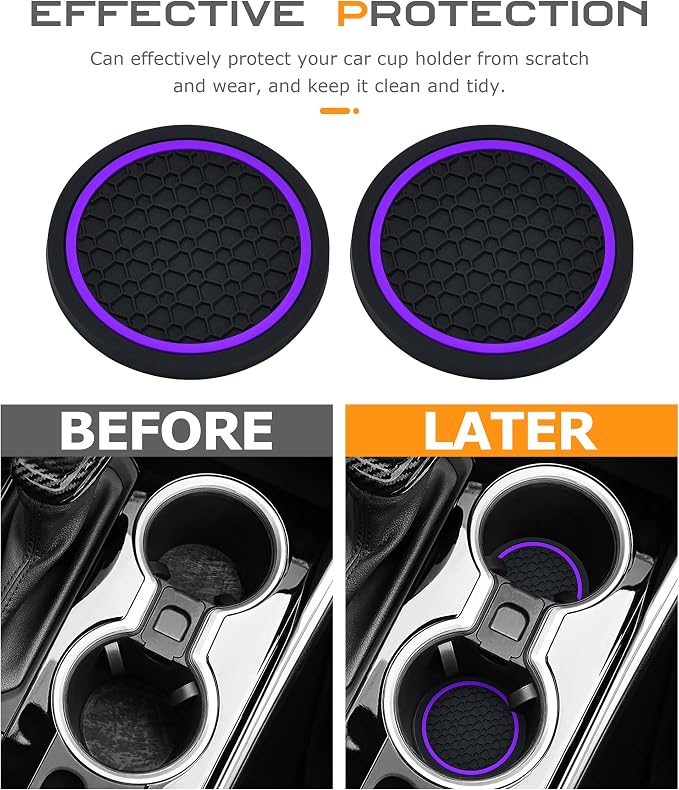 SCUARI 4PCS Car Coasters,Car Cup Coasters,Car Coasters for Cup Holders,Car Accessories Car Cup Holder Coaster,2.75 Inch No-Slip Anti Dust mats Cup Holder Insert Coaster,Fits Vehicles (Black&Purple)