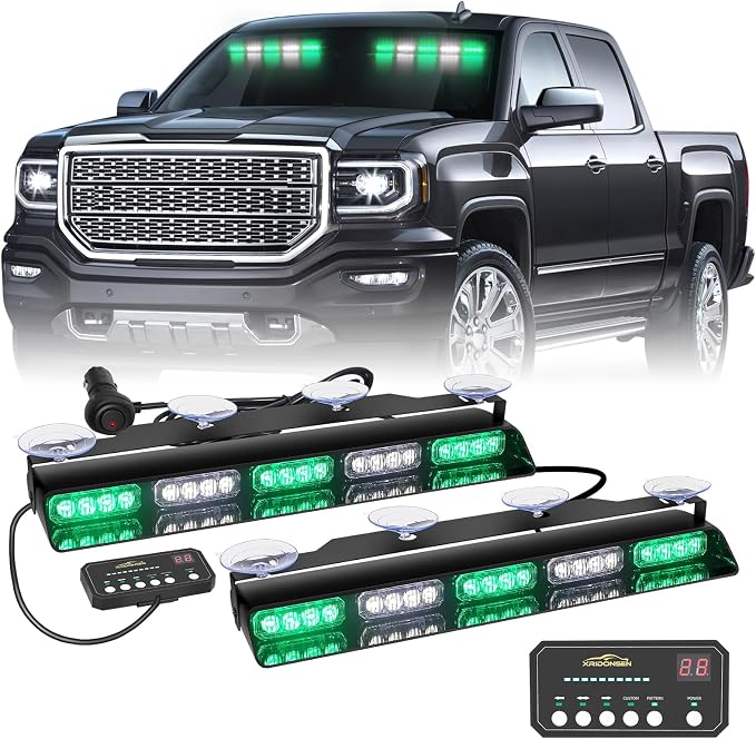 XRIDONSEN 2x 17 inch Green White Emergency Lights 40 LED Dash Strobe lights | Interior Front/Rear Windshield Light Bar Safety Warning Flashing Hazard for Vehicles Trucks Car
