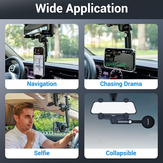 PROfezzion Car Rearview Mirror Magnetic Phone Mount Holder for MagSafe | Vent Clip Included, No Vibrating, Eye-level View, Length & Angle Adjustment, for iPhone 17 16 15 14 13 Pro Max & All Phones