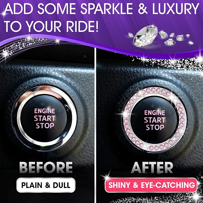 Bling Car Decor Crystal Rhinestone Car Bling Ring Emblem Sticker, Bling Car Accessories for Auto Start Engine Ignition Button Key & Knobs, Bling for Car Interior, Unique Gift for Women (Pink)