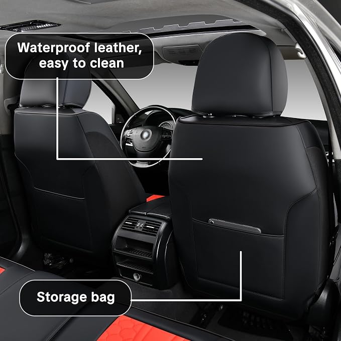 Red Car Seat Covers Full Set Luxury Waterproof | Leather Auto Seat Protector with Airbag Compatible Design, Breathable Non-Slip Cushion, Easy Installation, Fits Most Cars