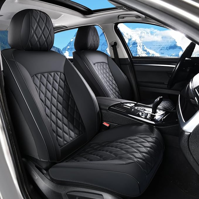 Huidasource Car Seat Covers Full Set, Seat Covers Nappa Leather Universal Fit for Most Cars, Vans, Trucks, SUVs, Compatible with Airbags, Child Seat, Car Seat Cover Velcro Adjustable (Full Set/Black)