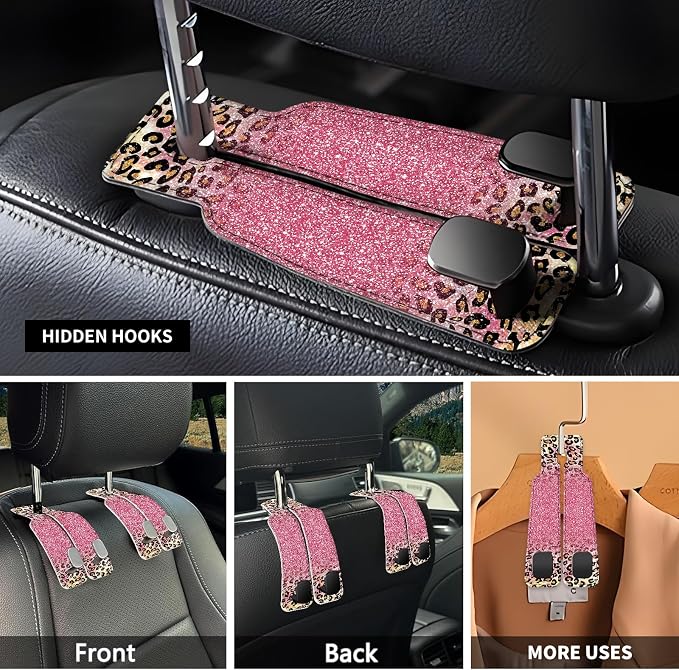 Car Seat Headrest Hook, Universal Leather Cute Hanger Holder Hook, Storage Organizer Interior Accessories for Purse Bags Handbag Glitter Pink Leopard