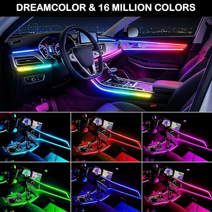 Acrylic Interior Car LED Strip Light with APP Remote Control, 4 in 1 RGB Dreamcolor Neon Flexible Strip Fiber Optic LED Ambient Lighting Kits,RGB Music Lights Sync for Inside car Decorations