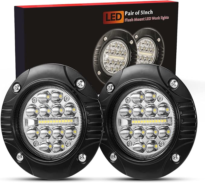 BUNKER INDUST Flush Mount LED Light Pods 5 Inch LED Work Light Bar Pair 48W Driving Bumper Lights Flood Spot Combo Off Road Fog Lights Waterproof for Tractor Truck ATV UTV Golf Cart