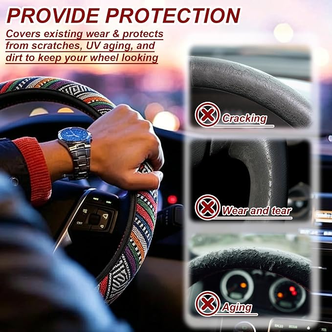 Boho Flax Cloth Steering Wheel Cover, Hippie Baja Blanket Anti-Slip Breathable Protector, Universal Fit 14.5-15 Inch for Cars SUV Van Truck, Women Car Interior Accessories (Style B)